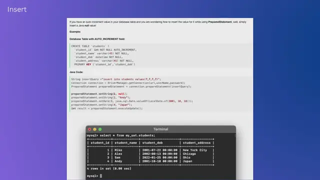 Video thumbnail for Insert Auto Increment Value using PreparedStatement in Java JDBC
