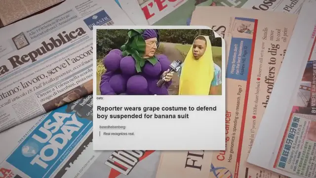 Video thumbnail for ‘Reporter Wears Grape Costume to Defend Boy Suspended for Banana Suit’