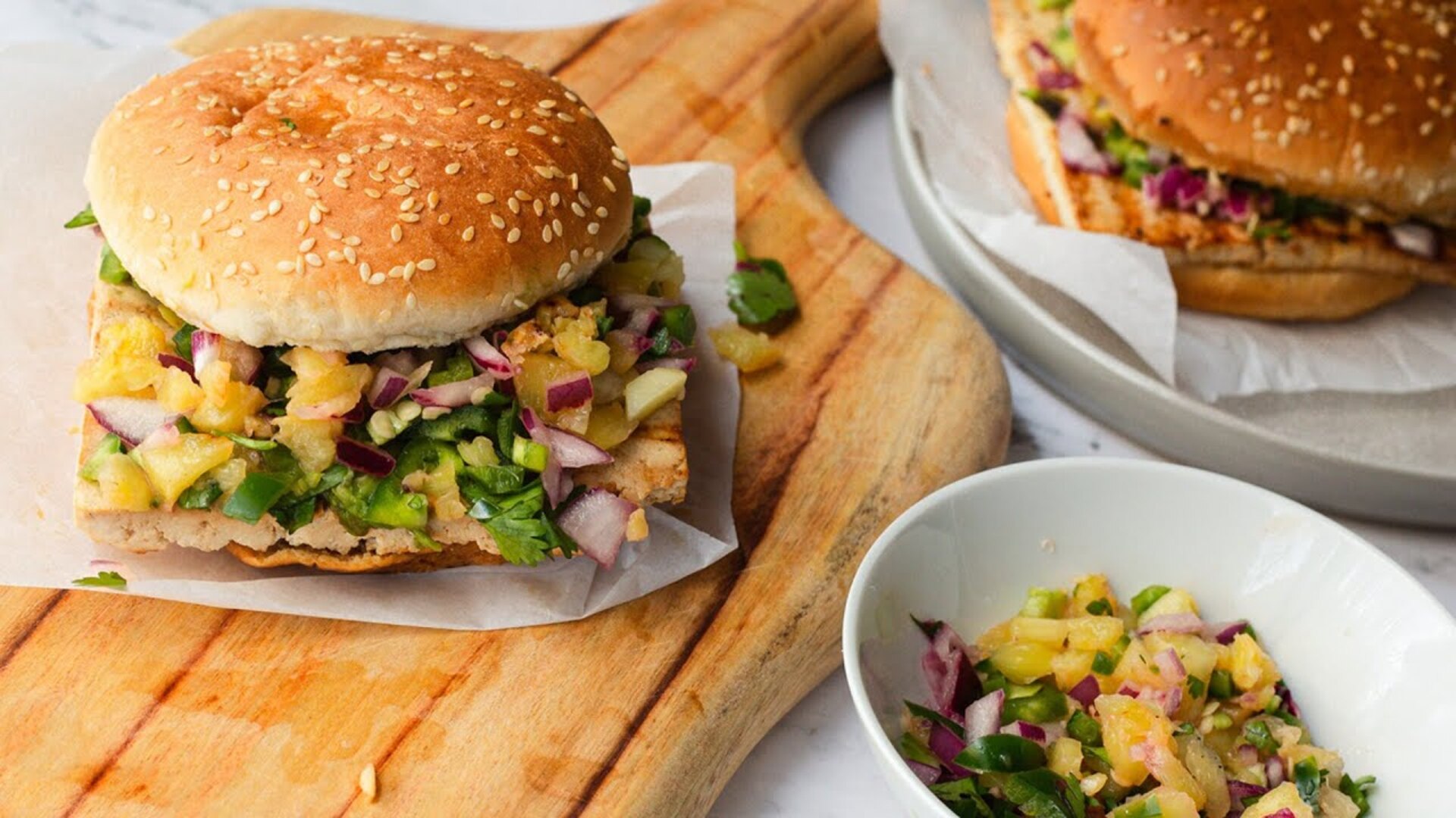 Video thumbnail for Tofu Burgers With Grilled Pineapple Salsa Recipe