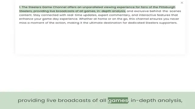 Video thumbnail for Steelers, providing live broadcasts of all games, in-depth analysis, and exclusive behind-the-scenes content. Stay connected with real-time updates, expert commentary, and interactive features that enhance your game day experience. Whethe