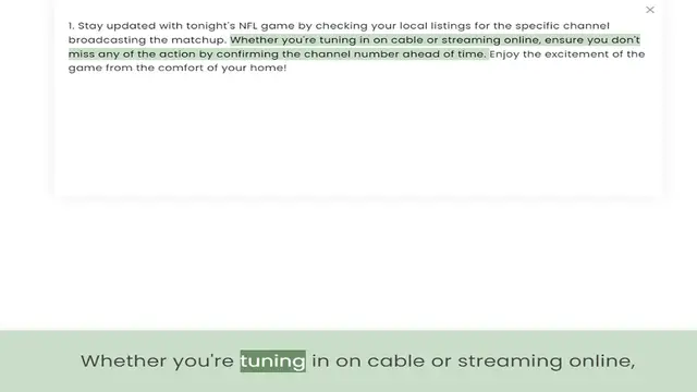 Video thumbnail for broadcasting the matchup. Whether you're tuning in on cable or streaming online, ensure you don't miss any of the action by confirming the channel number ahead of time. Enjoy the excitement of the game from the comfort of your home!