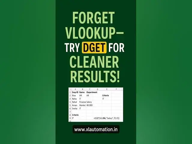 'Video thumbnail for Forget VLOOKUP—Try DGET for Cleaner Results! #shhort #xlautomation'