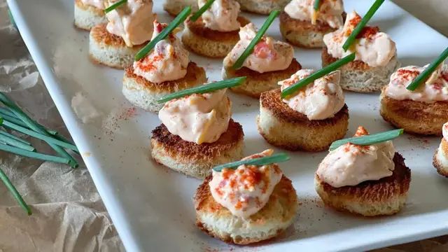 'Video thumbnail for Smoked Gouda Pimento Chicken Salad Toast Bites Recipe'