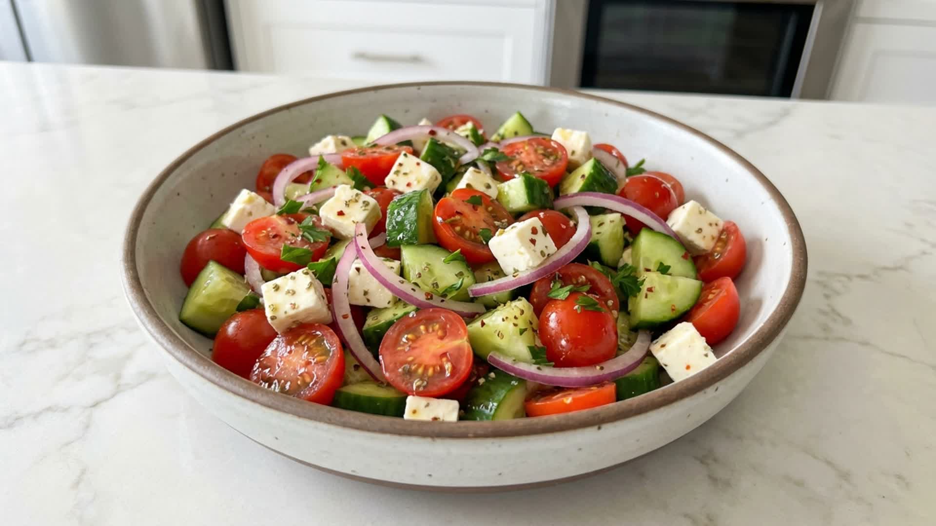 Video thumbnail for Greek Cucumber Tomato Feta Salad