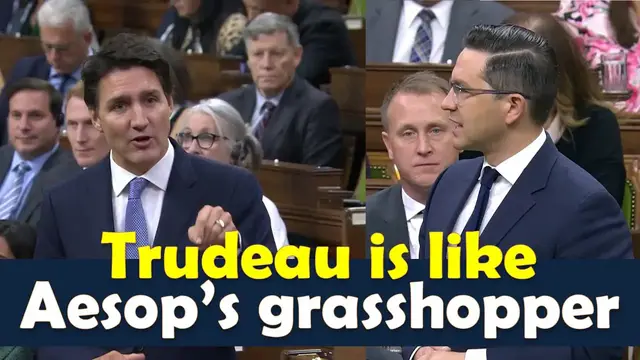 Video thumbnail for "Trudeau is like Aesop’s grasshopper." Poilievre's prescient warning about Liberal spending spree