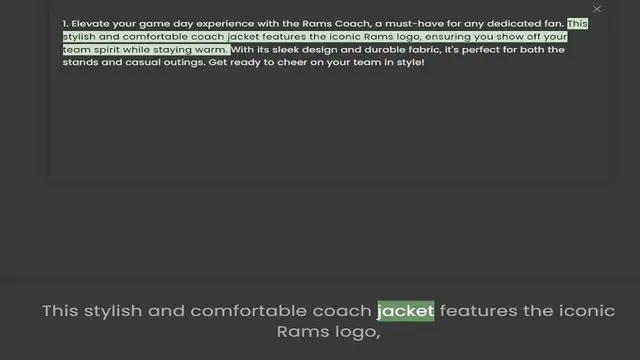 Video thumbnail for stylish and comfortable coach jacket features the iconic Rams logo, ensuring you show off your team spirit while staying warm. With its sleek design and durable fabric, it's perfect for both the stands and casual outings. Get ready to