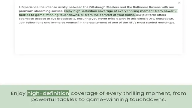 Video thumbnail for premium streaming service. Enjoy high-definition coverage of every thrilling moment, from powerful tackles to game-winning touchdowns, all from the comfort of your home. Our platform offers seamless access to live broadcasts, ensuring you