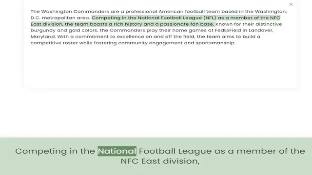 Video thumbnail for D.C. metropolitan area. Competing in the National Football League (NFL) as a member of the NFC East division, the team boasts a rich history and a passionate fan base. Known for their distinctive burgundy and gold colors, the Commanders p