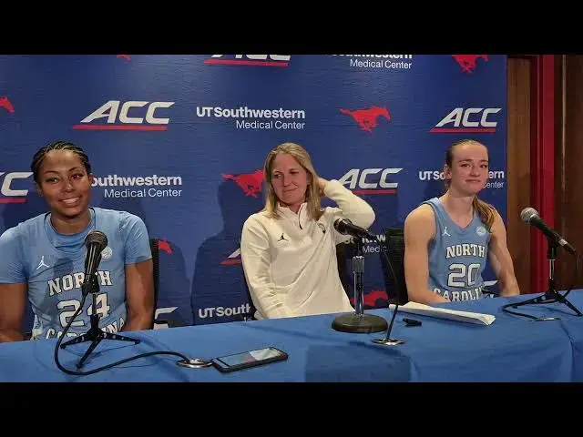 'Video thumbnail for UNC's Indya Nivar, Courtney Banghart and Lexi Donarski after the Tar Heels roll to win at SMU. #UNC'
