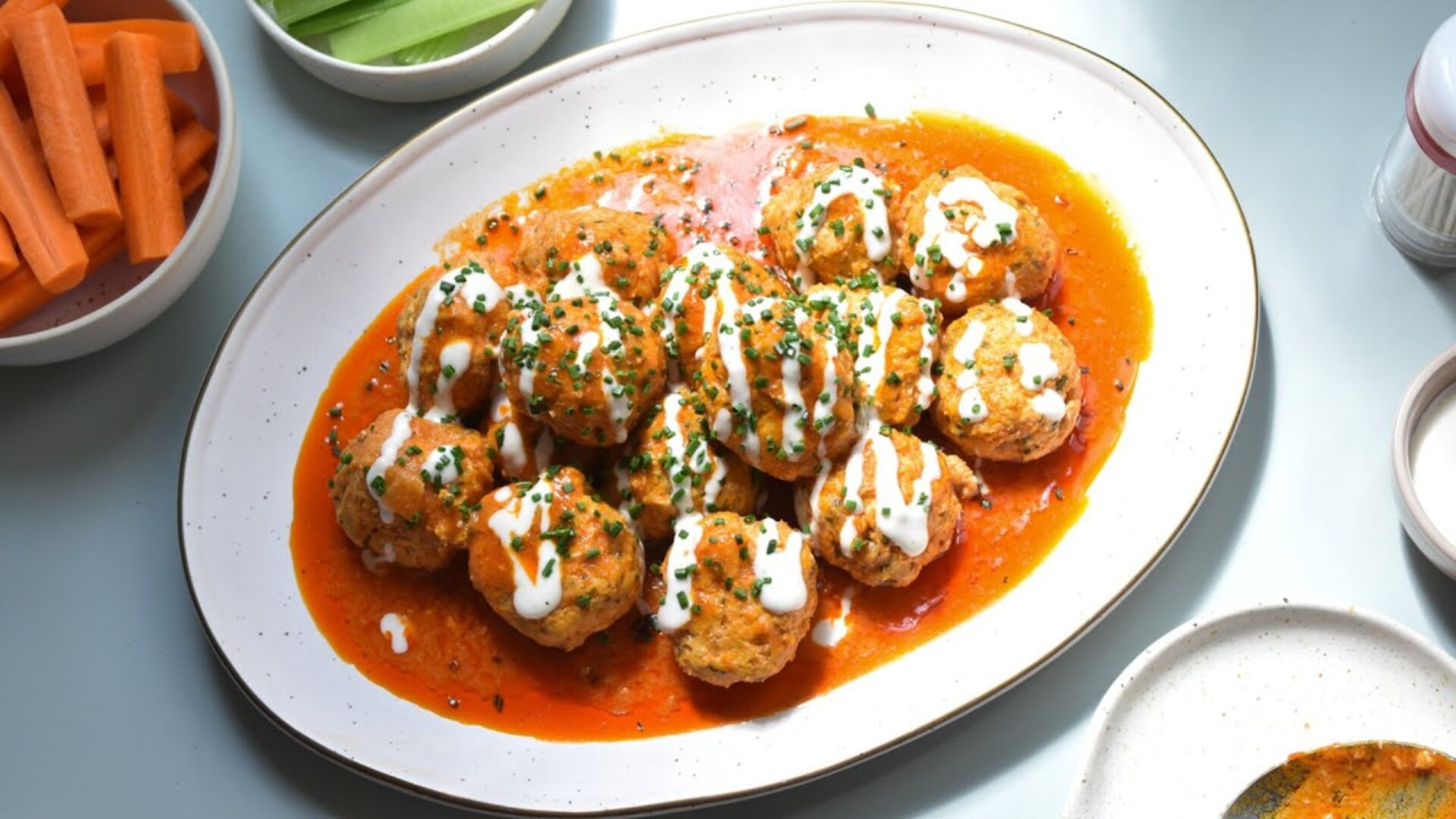 Video thumbnail for Saucy Buffalo Chicken Meatballs Recipe