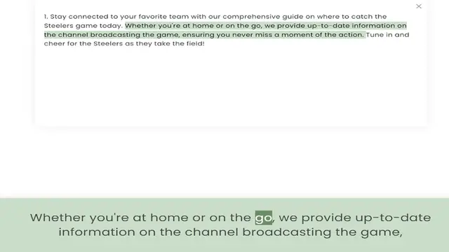 Video thumbnail for Steelers game today. Whether you're at home or on the go, we provide up-to-date information on the channel broadcasting the game, ensuring you never miss a moment of the action. Tune in and cheer for the Steelers as they take the field!