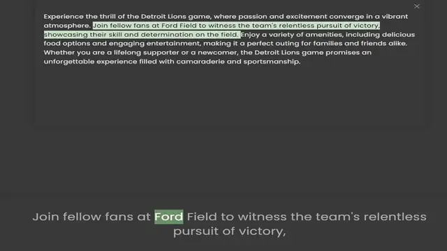 Video thumbnail for atmosphere. Join fellow fans at Ford Field to witness the team's relentless pursuit of victory, showcasing their skill and determination on the field. Enjoy a variety of amenities, including delicious food options and engaging entertainme