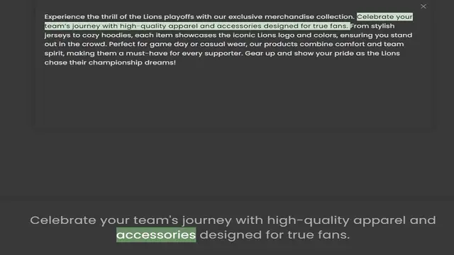 Video thumbnail for team’s journey with high-quality apparel and accessories designed for true fans. From stylish jerseys to cozy hoodies, each item showcases the iconic Lions logo and colors, ensuring you stand out in the crowd. Perfect for game day or casu