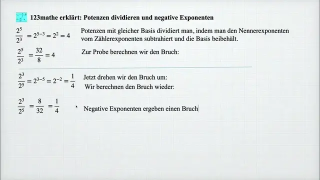Video thumbnail for Potenzen dividieren, negative Exponenten
