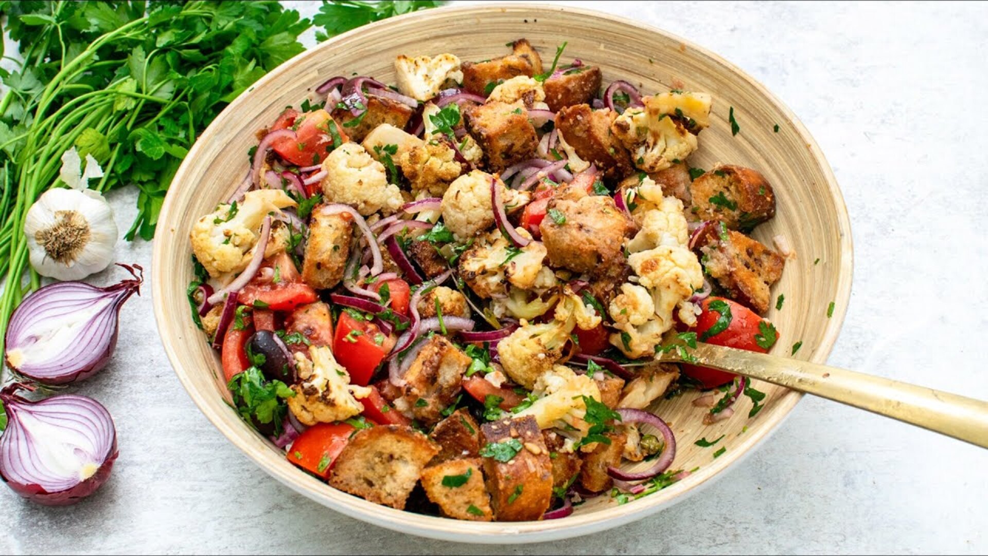 Video thumbnail for Roasted Cauliflower Panzanella Salad Recipe
