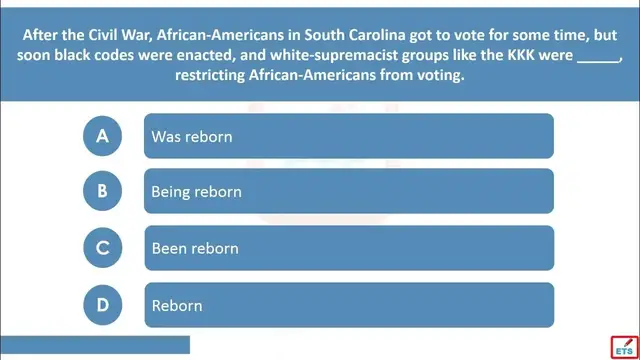 Video thumbnail for English Verb Tenses: Reborn, Was Reborn, Been Reborn, Being Reborn Quiz