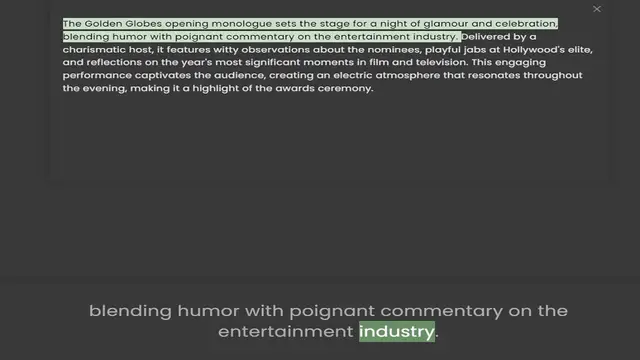 Video thumbnail for blending humor with poignant commentary on the entertainment industry. Delivered by a charismatic host, it features witty observations about the nominees, playful jabs at Hollywood's elite, and reflections on the year's most significant m