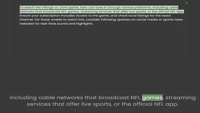 Video thumbnail for networks that broadcast NFL games, streaming services that offer live sports, or the official NFL app. Ensure your subscription includes access to the game, and check local listings for the exact channel. For those unable to watch live, c