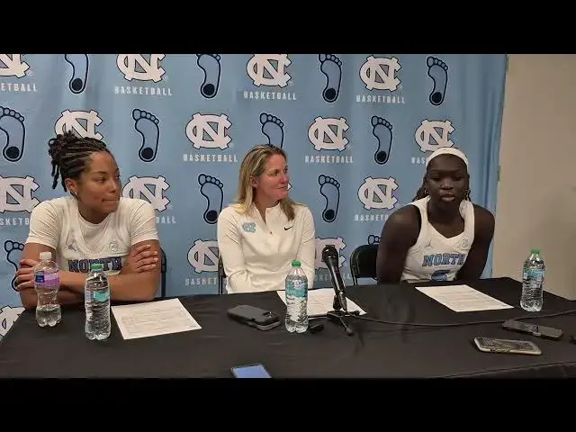 'Video thumbnail for UNC guard Indya Nivar, Coach Courtney Banghart and center Maria Gakdeng after loss to Ga. Tech'