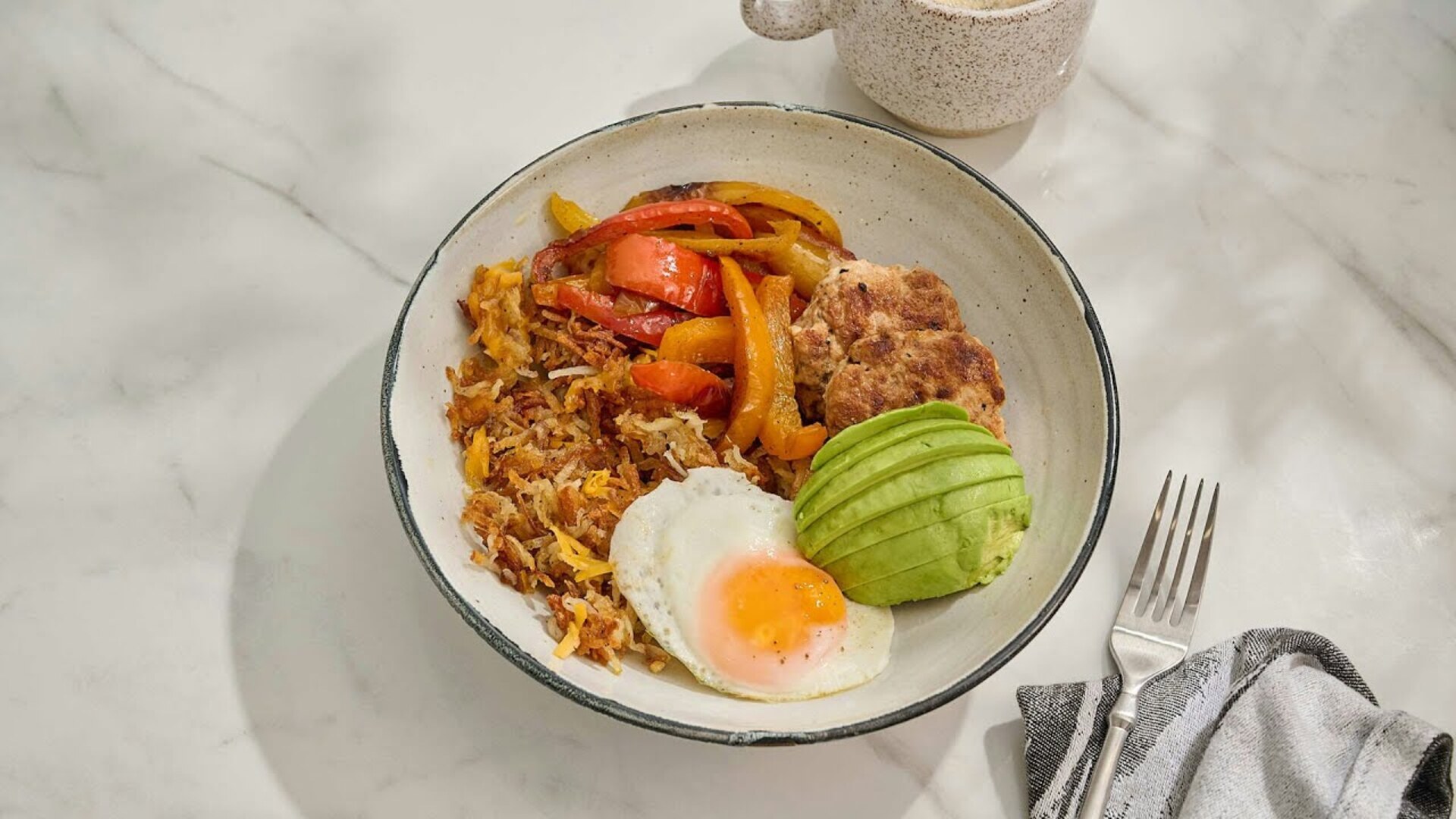 Video thumbnail for Chicken Sausage Cheesy Chicken Hash Brown Bowl Recipe