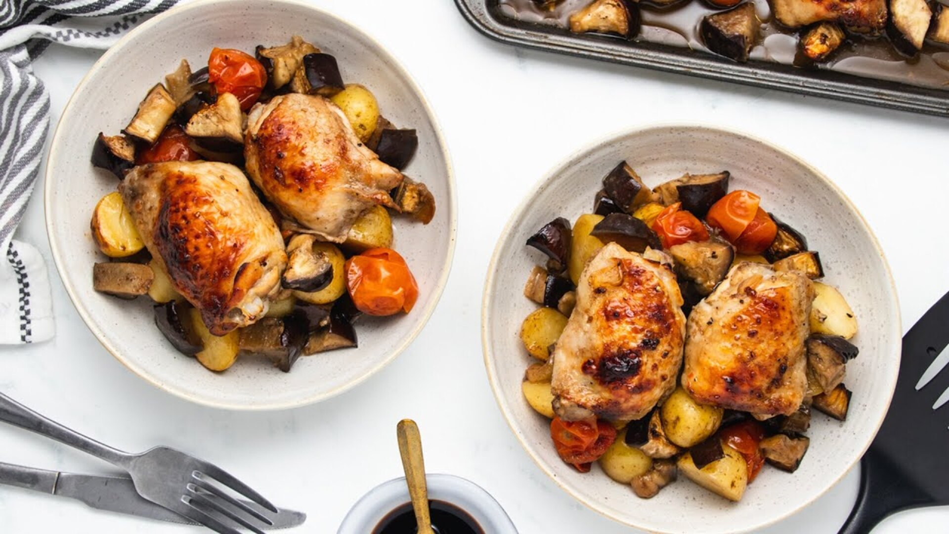 Video thumbnail for Sheet-Pan Balsamic Chicken And Eggplant Bake Recipe