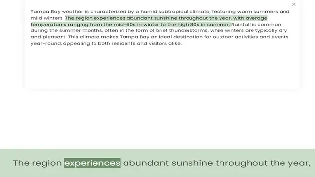 Video thumbnail for mild winters. The region experiences abundant sunshine throughout the year, with average temperatures ranging from the mid-60s in winter to the high 80s in summer. Rainfall is common during the summer months, often in the form of brief th