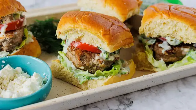 Video thumbnail for Loaded Greek Turkey Burger Sliders Recipe