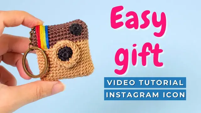 'Video thumbnail for HOW TO CROCHET Instagram keychain. Vintage amigurumi icon.'