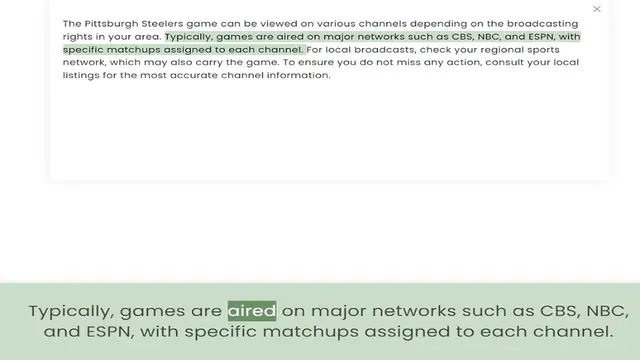Video thumbnail for rights in your area. Typically, games are aired on major networks such as CBS, NBC, and ESPN, with specific matchups assigned to each channel. For local broadcasts, check your regional sports network, which may also carry the game. To ens