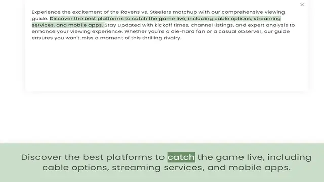 Video thumbnail for guide. Discover the best platforms to catch the game live, including cable options, streaming services, and mobile apps. Stay updated with kickoff times, channel listings, and expert analysis to enhance your viewing experience. Whether yo