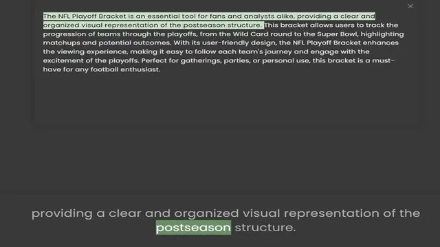 Video thumbnail for organized visual representation of the postseason structure. This bracket allows users to track the progression of teams through the playoffs, from the Wild Card round to the Super Bowl, highlighting matchups and potential outcomes. With