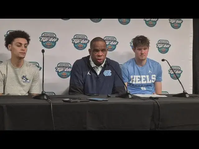Video thumbnail for UNC guard Kyan Evans, Coach Hubert Davis and center Henri Veesaar after a win over Bonnies #UNC