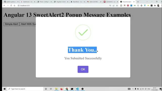 Video thumbnail for Angular 13 SweetAlert2 Example to Display Popup Alert Messages in Browser Using sweetalert2 Library