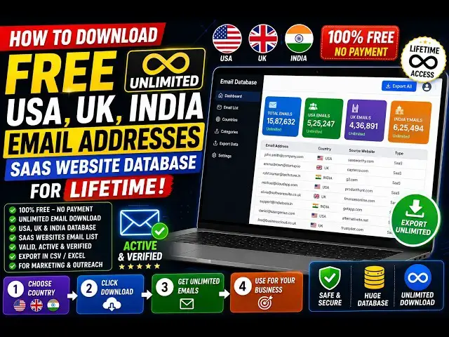 Video thumbnail for How to Download FREE UNLIMITED USA,UK,INDIA Email Addresses SAAS Website Database For LIFETIME