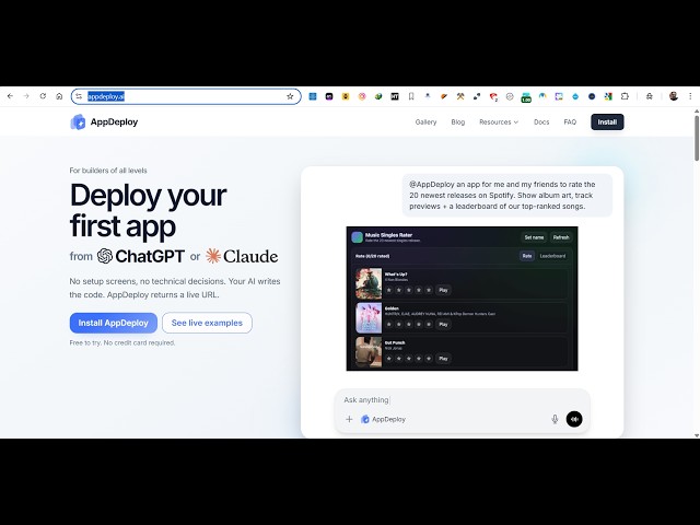 Video thumbnail for AppDeploy AI – Build & Deploy Full Stack Apps Instantly 🚀 (No Code) From ChatGPT & Claude for FREE