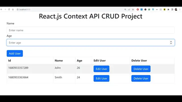 Video thumbnail for React.js + Vite.js Context API Bootstrap Table CRUD Project Using useContext Hook in Browser