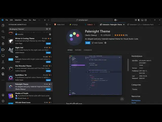 Video thumbnail for VS Code Palenight Material Dark and Light Theme Tutorial Full Demo Video For Beginners