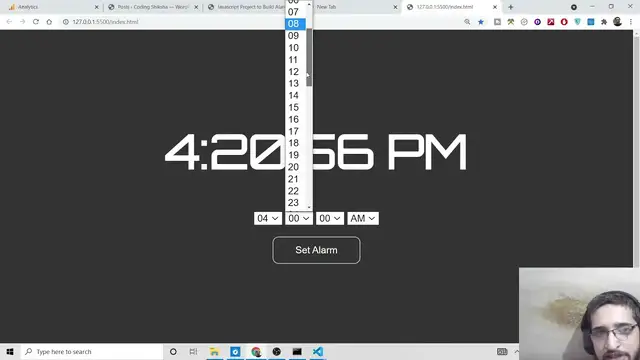 Video thumbnail for Javascript Project to Build Alarm Clock to Set Alarm of Time With Sound in Browser Using HTML5 & CSS