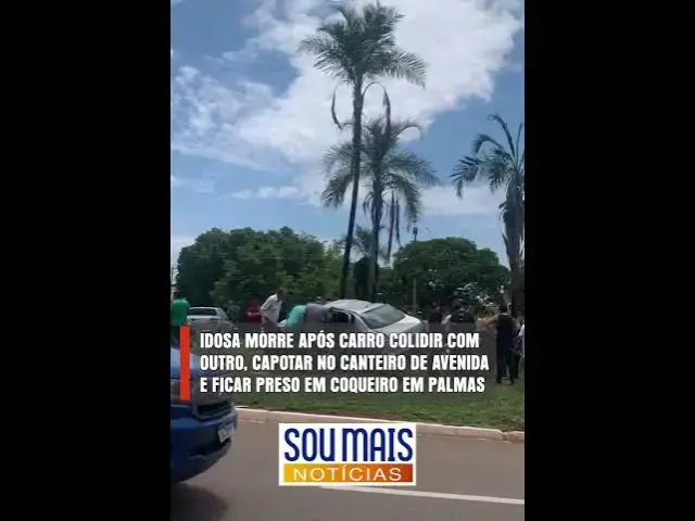Video thumbnail for Idosa morre após carro colidir com outro, capotar e ficar preso em coqueiro de canteiro em Palmas