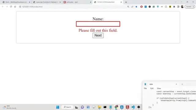 Video thumbnail for Javascript Example to Validate Multi-Step HTML5 Form With Custom Error Messages in Browser