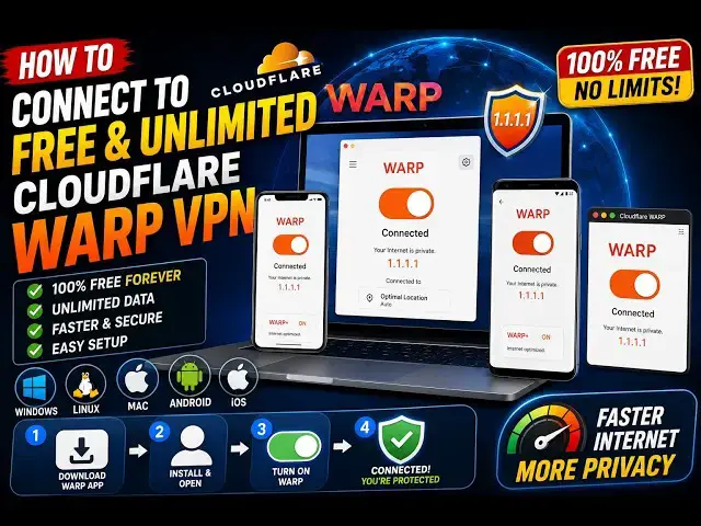 Video thumbnail for How to Connect to FREE & UNLIMITED Cloudware WARP VPN in Windows,Linux,Mac & Mobile