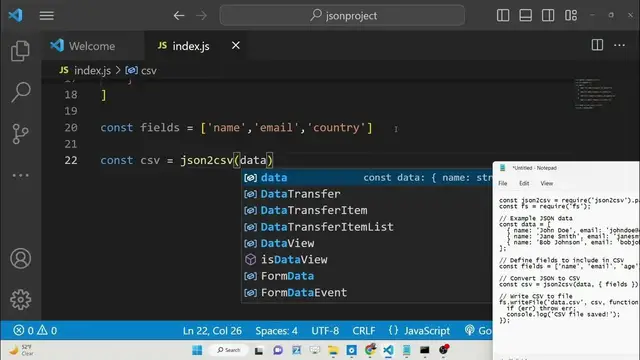 Video thumbnail for Node.js Project to Convert JSON Objects to CSV File Using json2csv Library in Javascript