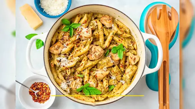 Video thumbnail for One-Pan Pesto Chicken Alfredo Bliss