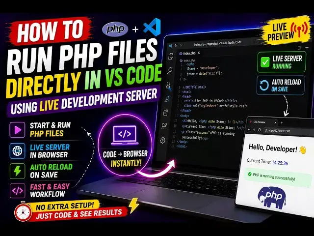 Video thumbnail for How to Start & Run PHP Files Directly in VSCode Using LIVE Development Server in Browser