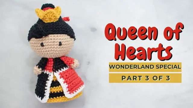 Video thumbnail for Queen of Hearts crochet amigurumi doll pattern. How to crochet the Red Queen video tutorial PART 3