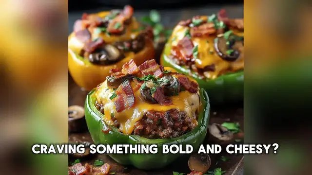 'Video thumbnail for Mushroom BBQ Bacon Cheeseburger Stuffed Peppers'
