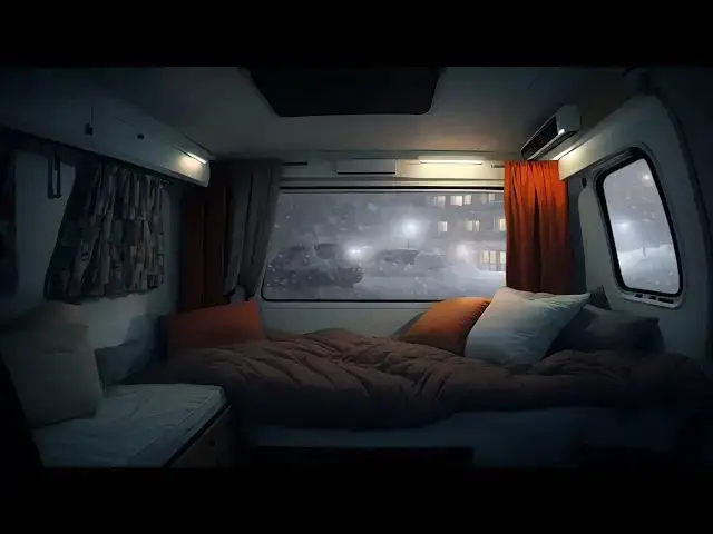Video thumbnail for On a snowstorm night, the camping car was on the roadside of the town, with the sound of howling