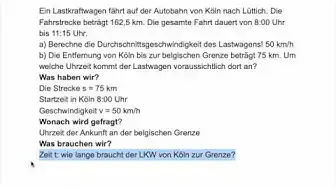 Video thumbnail for Ankunftszeit LKW aus Geschwindigkeit, Strecke und Abfahrtszeit berechnen