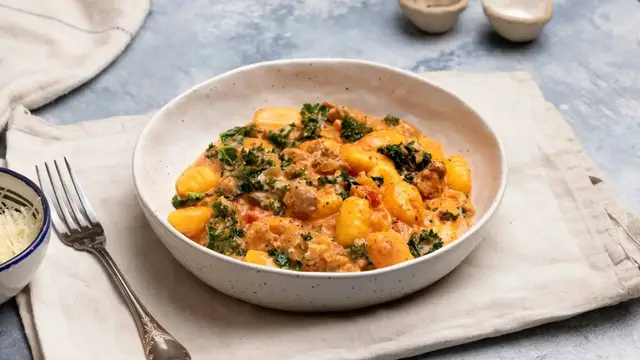 Video thumbnail for One-Pan Sausage And Gnocchi Skillet Recipe