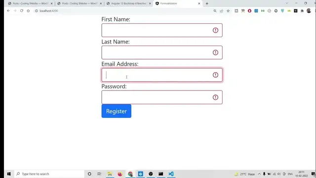 Video thumbnail for Angular 13 Bootstrap 4 Reactive Forms Validation Example to Validate Input Fields With Alert Message